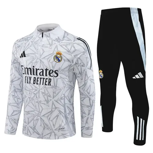 Conjunto de Camisa de Treino Meio-Puxão Real Madrid Branco Estampado 2024/2025 -Qualidade Tailandesa