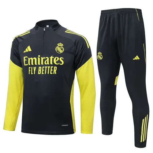 2025/2026 Real Madrid Dark gray with yellow sleeves Half-Pull Training Suit Football Shirt AAA fan-grade Set