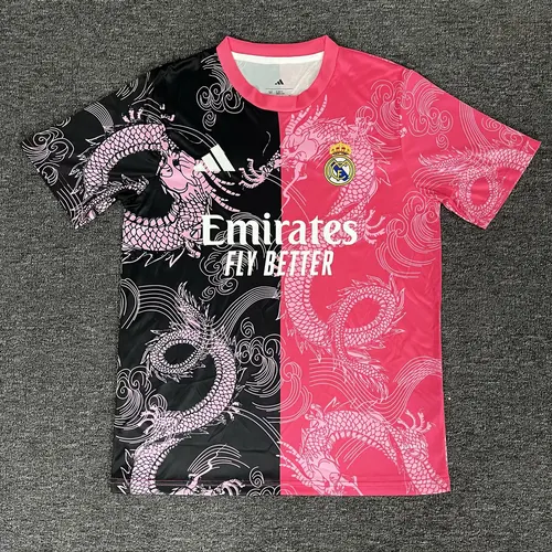 Camisa Real Madrid 2025/2026 Padrão Dragão Rosa e Preta Futebol Jersey Qualidade Tailandesa