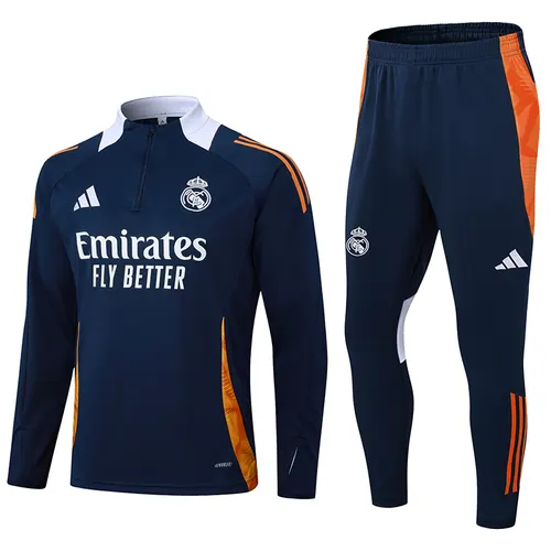 Conjunto de Treino Meia-Puxada Real Madrid 2024/2025 Azul Real Gola Branca Qualidade Tailandesa