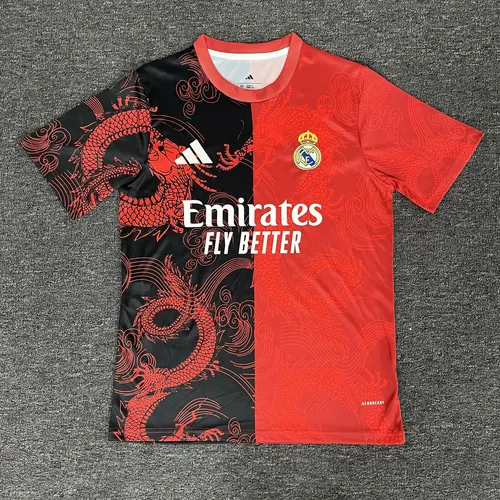Camisa Real Madrid 2025/2026 Padrão Dragão Vermelha e Preta Futebol Jersey Qualidade Tailandesa