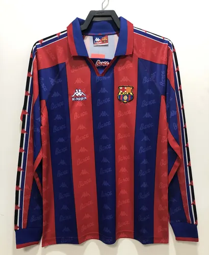 1996/1997 Retro Manga Longa Barcelona Camisa de Futebol Home Champions League Qualidade Tailandesa