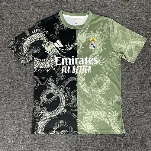 Camisa Real Madrid 2025/2026 Padrão Dragão Verde Exército e Preta Futebol Jersey Qualidade Tailandesa