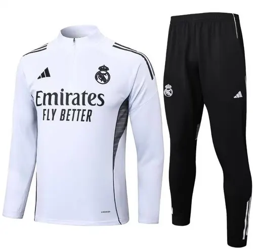 2025-2026 Conjunto Treino Meio Puxar Branco Real Madrid Qualidade Tailandesa