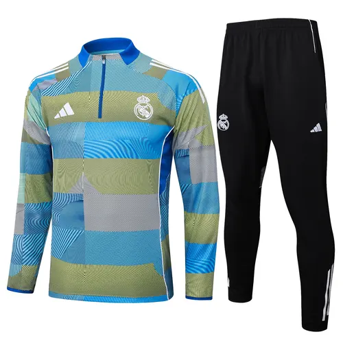 2025/2026 Real Madrid Blue-green striped inkjet Half-Pull Training Suit Football Shirt AAA fan-grade Set