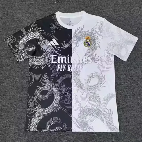 Camisa Real Madrid 2025/2026 Padrão Dragão Preta e Branca Futebol Jersey Qualidade Tailandesa