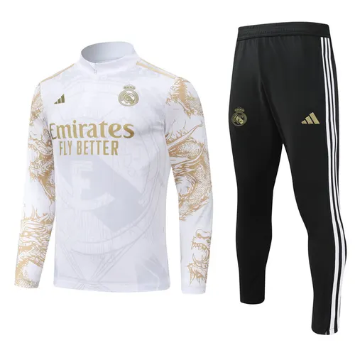 Conjunto de Treino Meia-Puxada Real Madrid 2024/2025 Branco Real Estampa Edição Especial Qualidade Tailandesa