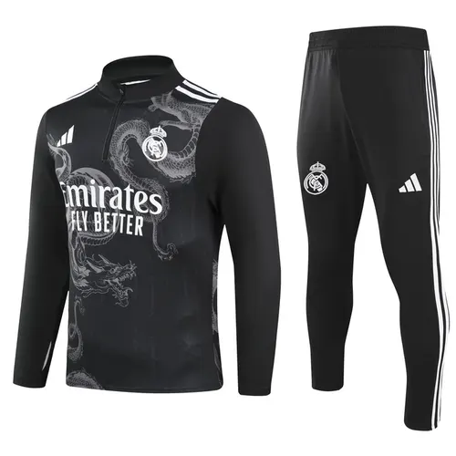 Conjunto de Treino Meia-Puxada Real Madrid 2024/2025 Preto Real Edição Especial Qualidade Tailandesa
