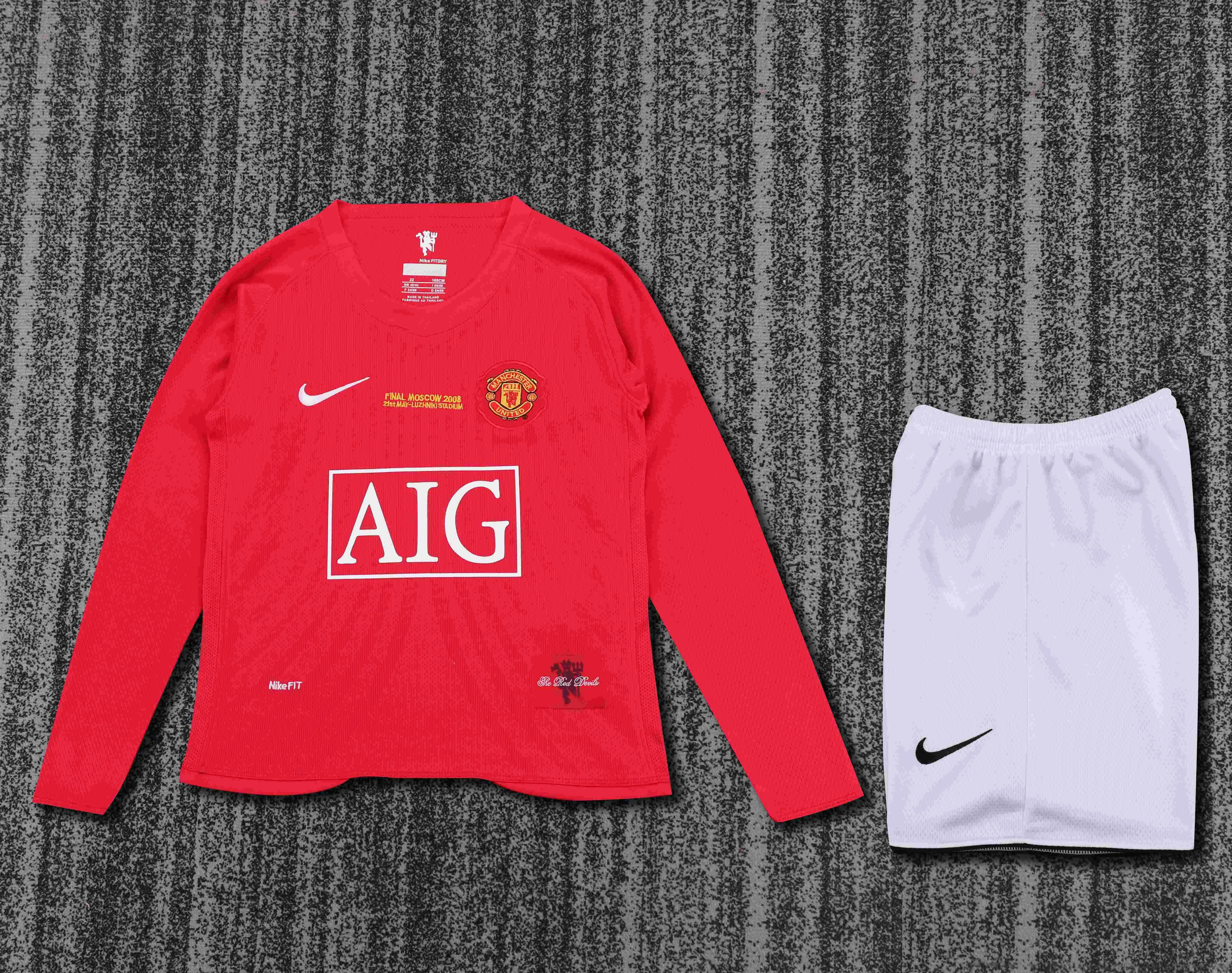 2007/2008 Retro Long Sleeve Manchester United Domicile Champions League Edition Football Shirt AAA fan-grade Kids Size