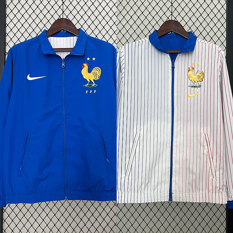 2024 フランス リバーシブル ウィンドブレーカー (白-青) サッカージャージ タイ品質